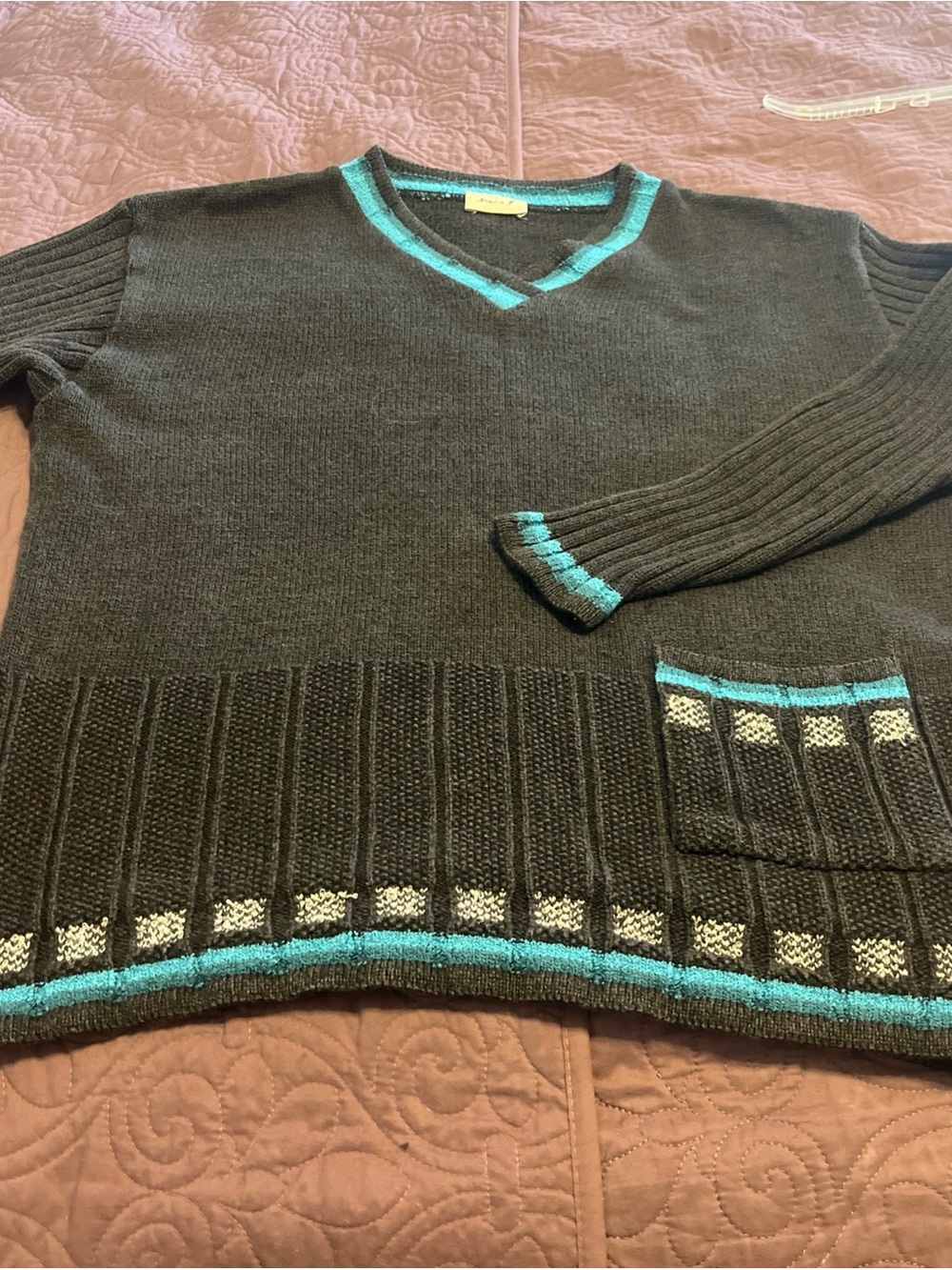 Women's Black V-Neck Sweater with Teal Accent